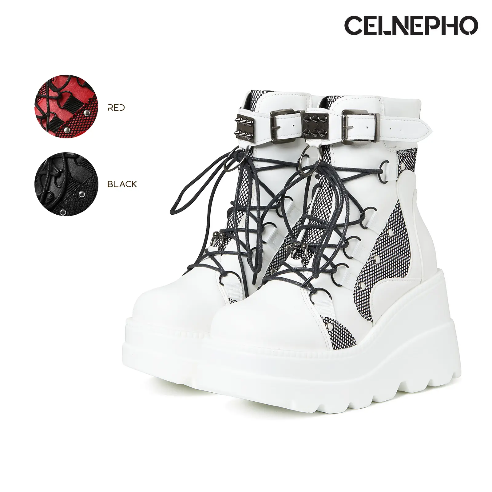 CELNEPHO Gothic Platform Boots for Women Lace Up Studded Buckle Stacked Wedge Heel Combat Ankle Boots Fashion Jennifers Body Boots