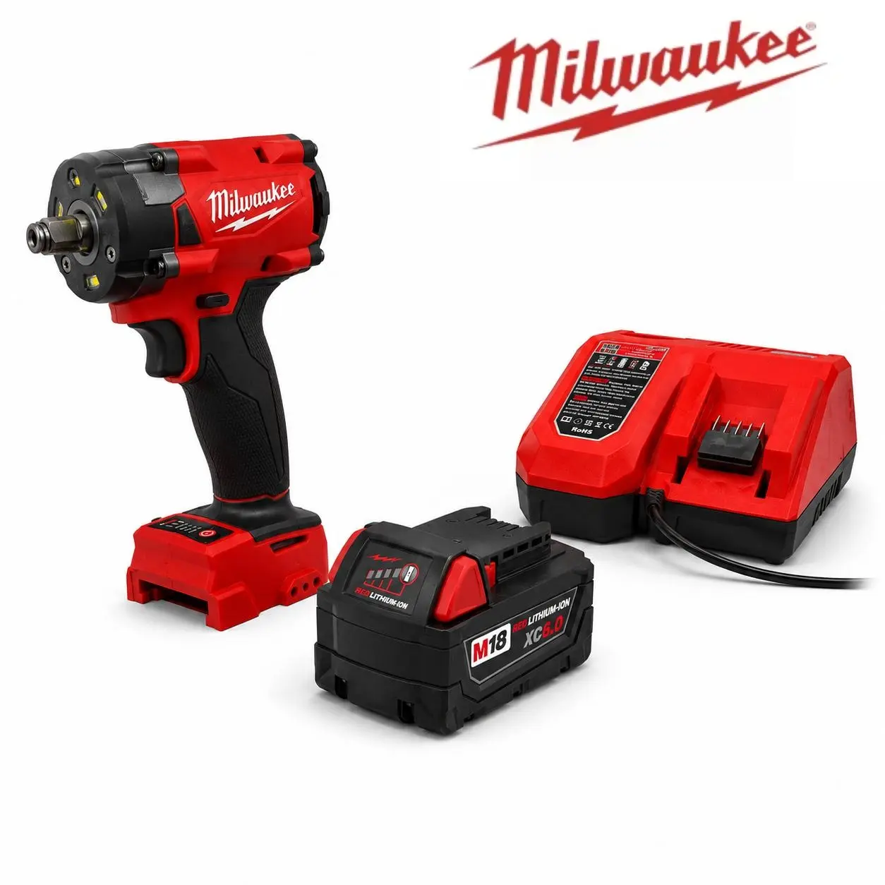 Milwaukee M18 Compact Impact Wrench Kit - 1/2" Drive, 350NM, with Charger, Batteries & Cells, Versatile Use for Automotive Tire Service, Equipment Maintenance