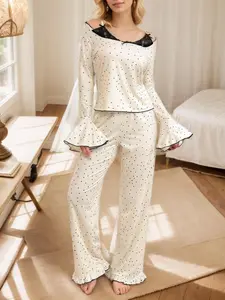 Women's Polka Dot Print Square Neck Pajama Two-piece Set, Casual Comfy Long Sleeve Top & Pants PJ Set, Ladies Sleepwear & Loungewear Pyjamas for All Seasons