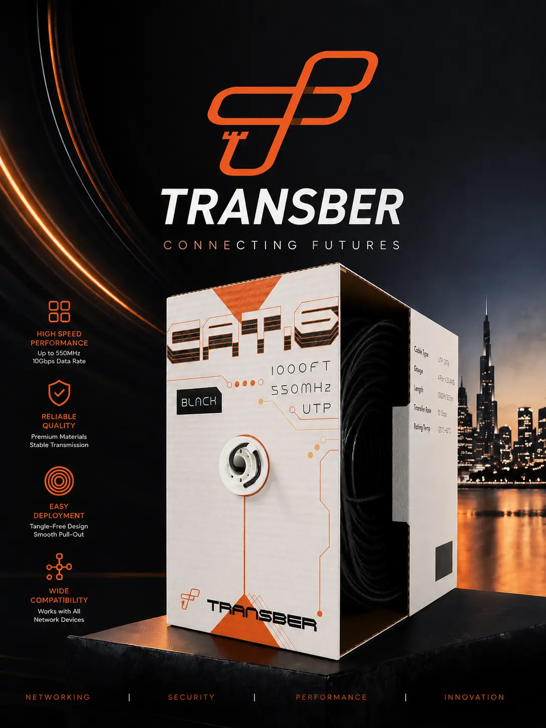 Transber 1000ft CAT6 Ethernet Cable - Flexible, Easy Deployment, 10Gbps High-Speed Data Transfer, 550Mhz Bandwidth, Reliable Quality