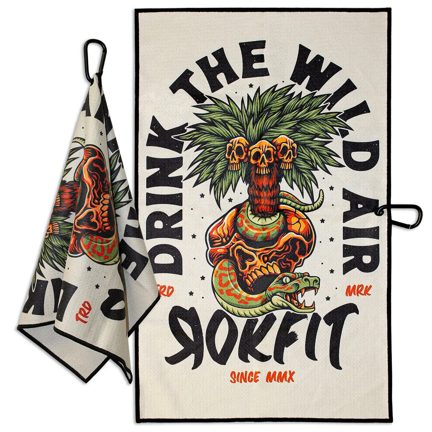 RokFit Gym & Golf Towel – Multi-Use, Quick-Dry, Durable Utility Towel with Bold Graphic and Carabiner Clip (Drink The Wild Air)
