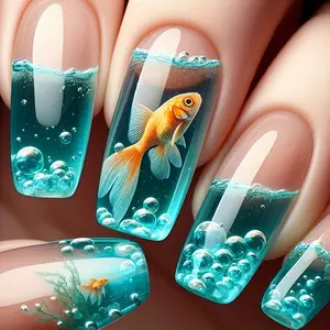 24 Pieces 3D Goldfish Nail Stickers - Square Medium Long Nails, Summer Glossy Design, Includes Glue and Nail File, Vibrant and Gold Aquarium Pattern, Fashionable Nail Art Essential