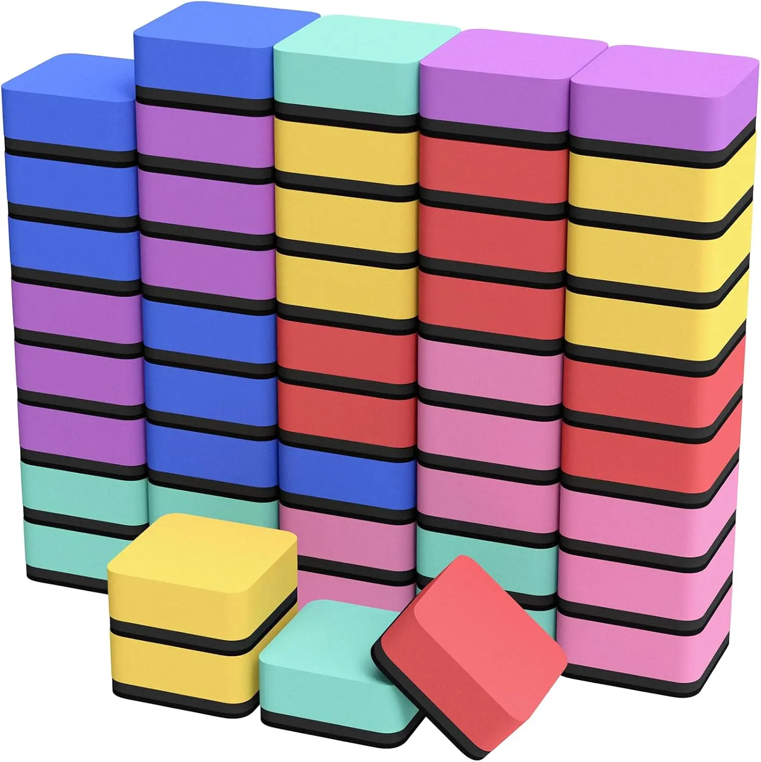 MaxGear 48-Pack Polyester Magnetic Dry Erase Erasers, 2x2 in Mini Pads, Strong-Clean Supplies for Classroom Whiteboards & Home Use, 6-Color Set for Teachers (Educational Arts & Crafts Accessory)