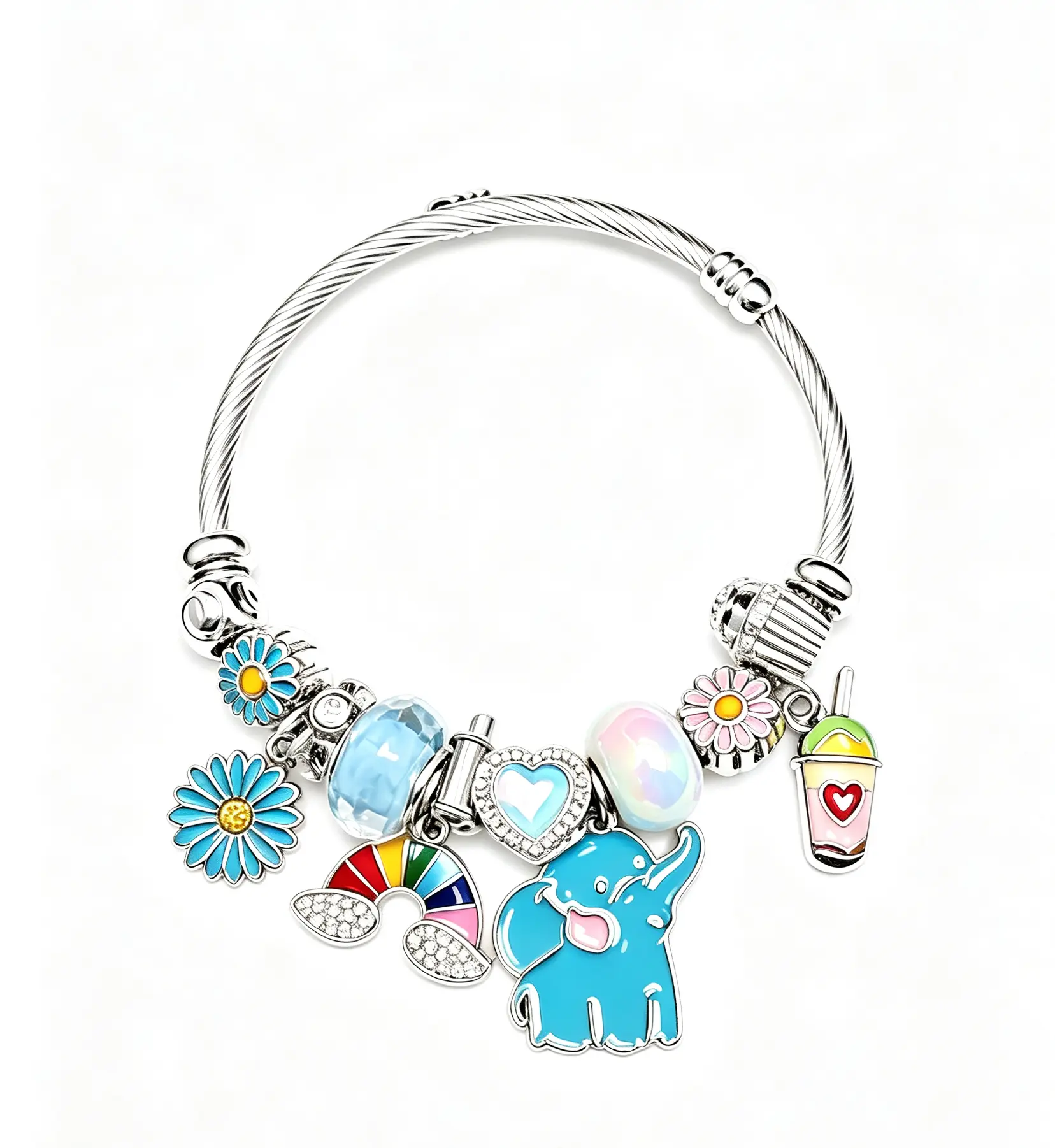 Open Bangle Charm Bracelet, Cute Blue Elephant Rainbow Daisy Flower Drink Charms Cable Wire Bracelets, Adjustable Cuff Bracelet Jewelry Gift for Women Girls