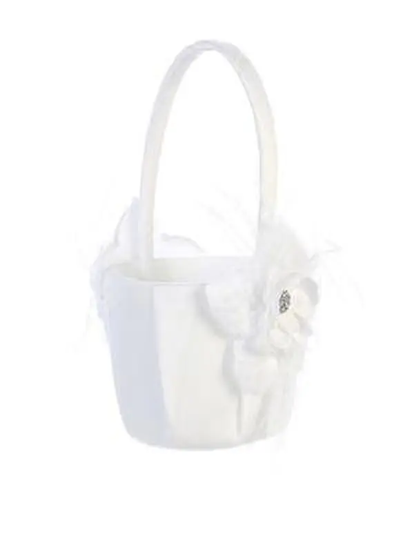 Flower Girl Basket with Flower and Feather Accents White