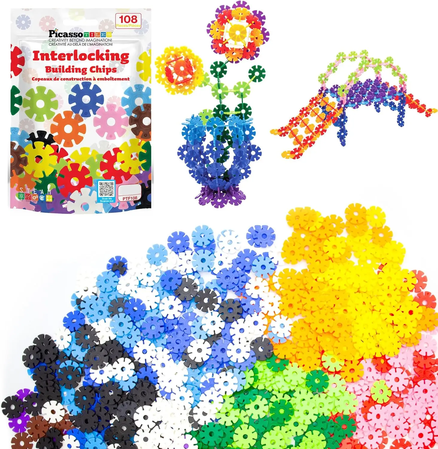 Interlocking Disc Building Chips Construction Blocks STEM Toy Set, 12 Colors, BPA-Free Non-Toxic, 8 Connector Points per Chip, Early Education Brain Development for Toddlers Age 3+ (PTF108)