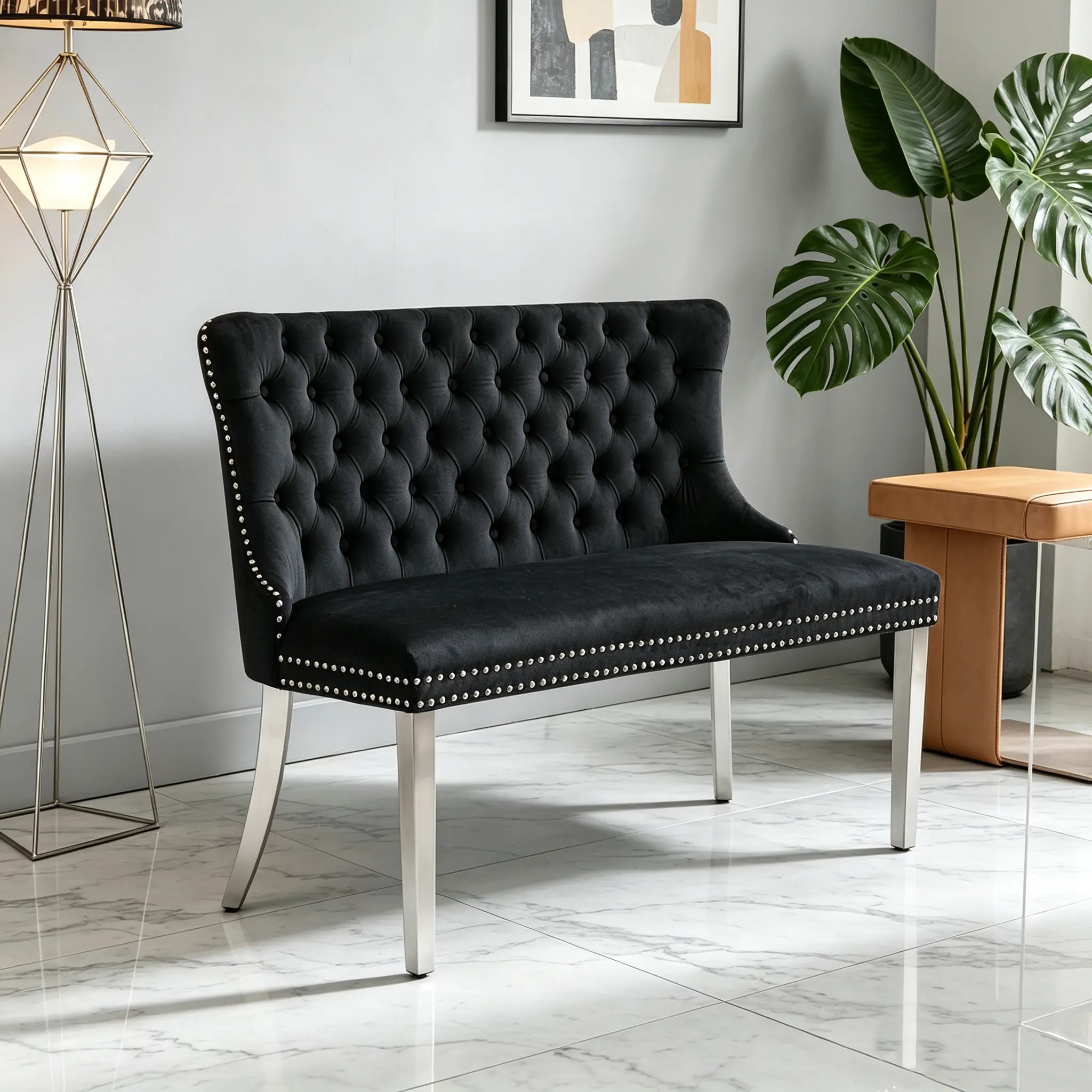 Luxury Black Velvet 2-Seater Loveseat Bench - Plush Hand-Tufted Mid-Century Modern Chair, Sturdy Stainless Steel Legs, Easy Assembly for Dining Room, Reading Nook