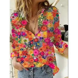 Vitality printed V-neck shirt, casual woven fabric, fitted style, perfect for spring and autumn, essential for vacations GARMENTARY