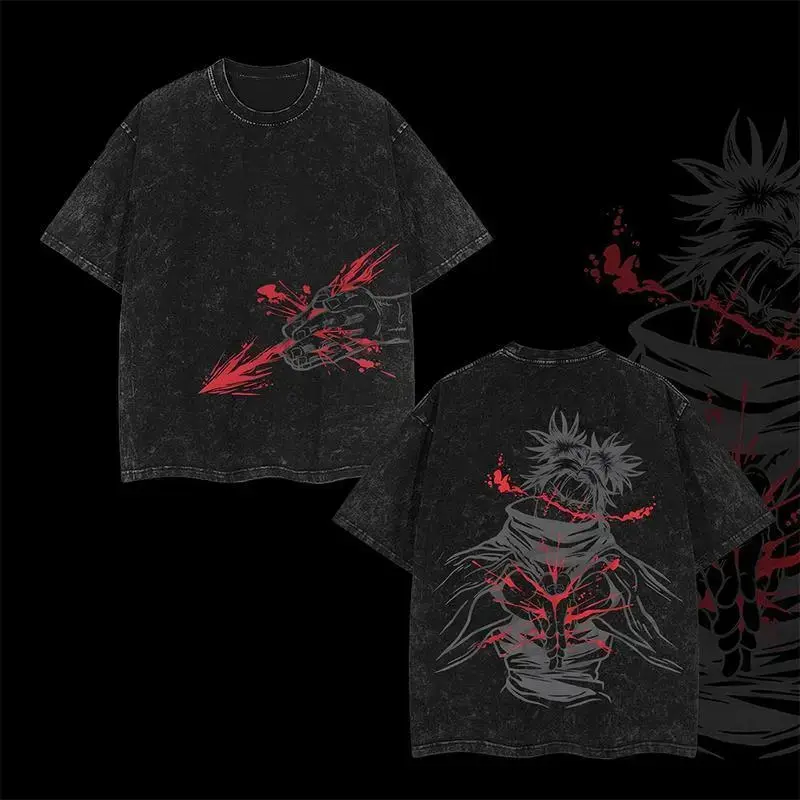 Men's Ribbed Vintage Washed Heavy Cotton Oversized Streetwear T-Shirt - Anime Manga Style, Short-Sleeve, Round Neck, Rib