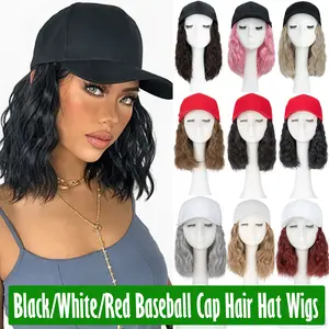 PROKYVITY 8inch Bob Hair With Baseball Cap Wave Curly Hair Hat Wigs Short Synthetic Hair Extensions For Women