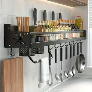Sleek Black Stainless Steel Kitchen Organizer Rack - Wall-Mounted With Hooks For Knives, Chopping Board & Utensils, Powder-Coated Finish, Ideal For Space-Efficient Storage, Knife Storage|Organized Kitchen Decor|Powdercoated Durability
