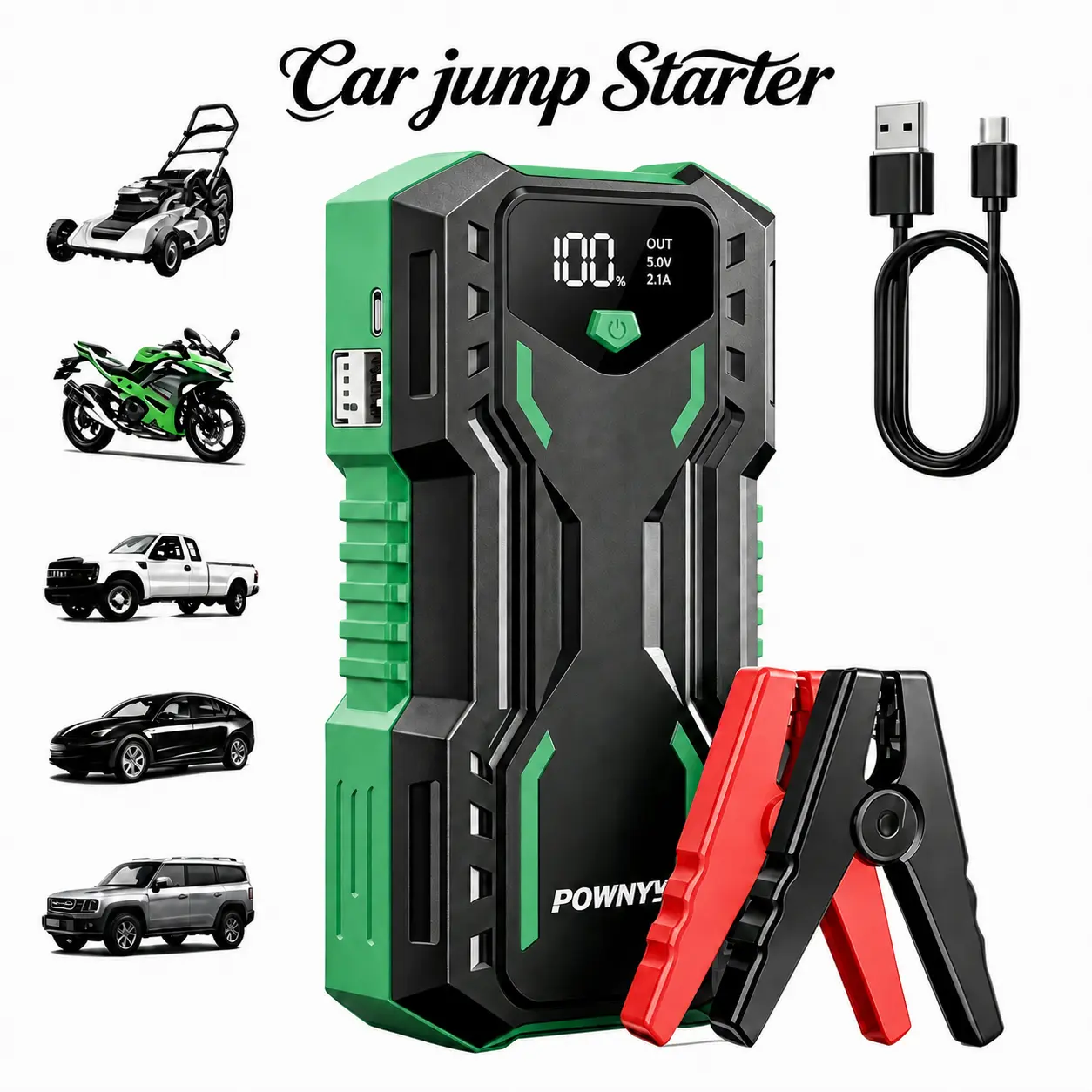 6000A current peak Battery Jump Starter, 6000mAh Battery Charger with Power Management IC Power Indicator Built-in LCD Display Automotive Battery, 3 modes LED light