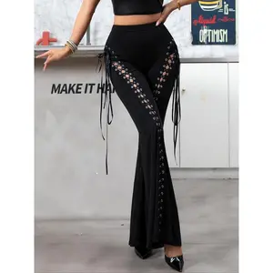 Women’s lace-up front flared pants, punk fashion casual high-waisted flared pants suitable for everyday outdoor wear, women’s underwear suitable for all seasons GARMENTARY