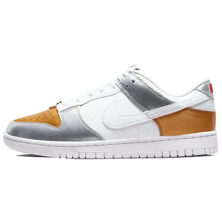 NIKE Women's Dunk Low SE 'Silver Gold Metallic' Sports Shoe, Casual Footwear, Fashion Sneaker, Sports Shoes, Low Profile, Metallic Finish, True Size, Mesh Upper, Lightweight Sole, Us Sizes 5-12