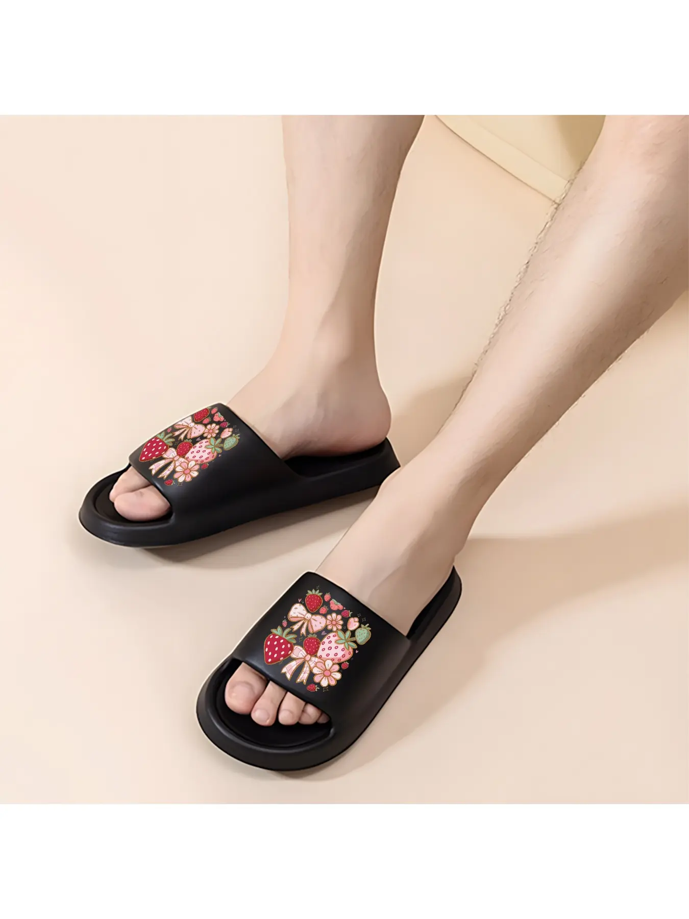 Strawberry Bow Floral Print Slippers, Soft Sole Open-Toe Slides for Summer Outdoor Wear, Sweet Girlish Style Slippers for Indoor Home Use, Non-Slip Flat Sandals for Vacation Beach, Comfortable and