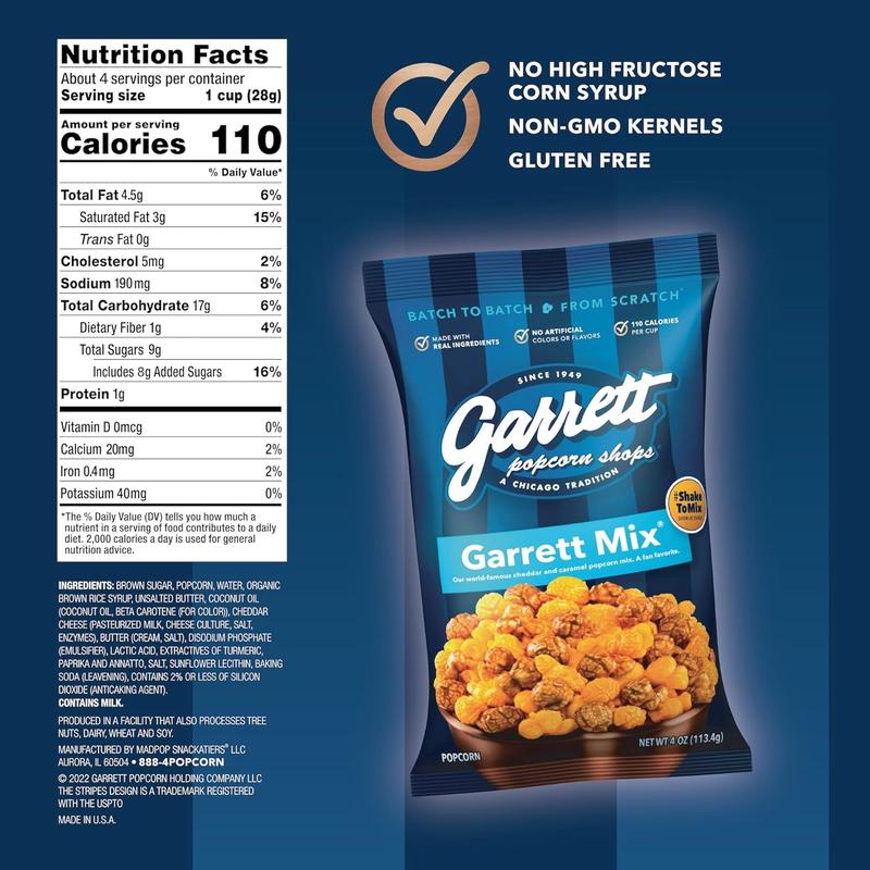 Garrett Popcorn Garrett Mix, 4 Ounce Bags (Pack of 6) - Classic Chicago Style Cheese and Caramel Gourmet Popcorn - Gluten Free, Sweet and Salty Snack, Popped Party Mix