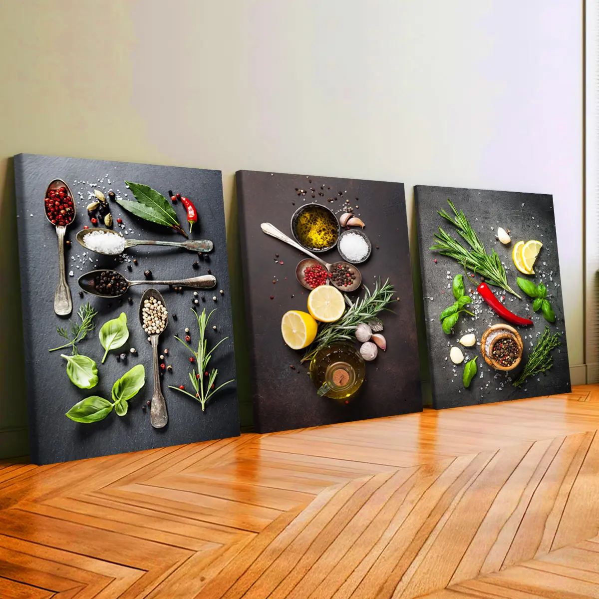 3Pcs Pine Wood-Framed Artistic Fashion Assorted Art Prints - Waterproof, Odourless Nature Art Decorations Paintings with Herb Motifs, Spices & Lemon Designs, 30*40cm(11.8*15.7in), Plant Decor for Living Room, Bedroom