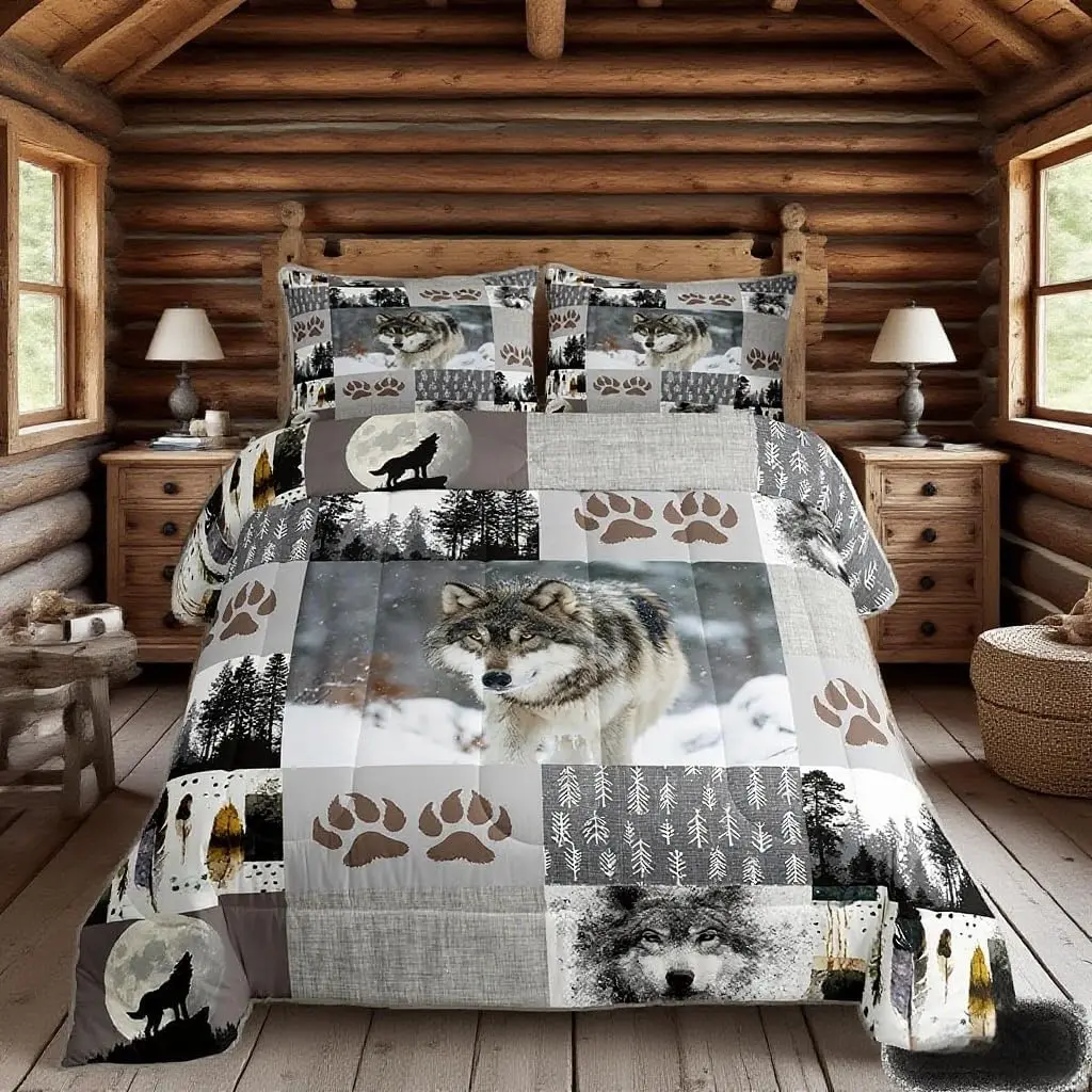 Feelyou Wolf Kids Comforter Set - Patchwork Down Comforter with Wolf Paws Print, Pine Trees & Geometric Plaids, Wild Adventure Bedding for Boys' Room Decor, Patchwork Comforter