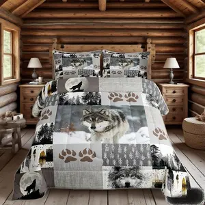 Feelyou Wolf Kids Comforter Set - Patchwork Down Comforter with Wolf Paws Print, Pine Trees & Geometric Plaids, Wild Adventure Bedding for Boys' Room Decor, Patchwork Comforter