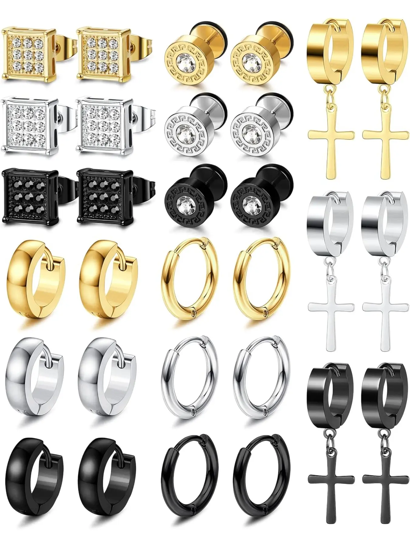 15Pairs Mens Earrings Stainless Steel Silver Stud Earrings Set Studded Cross Earrings Black Hoop Earrings Gold Cross Dangle Hoop Earrings Cartilage Zirconia Earrings Fashion Piercing Earrings for Men Women High Quality Earrings Ear Accessories
