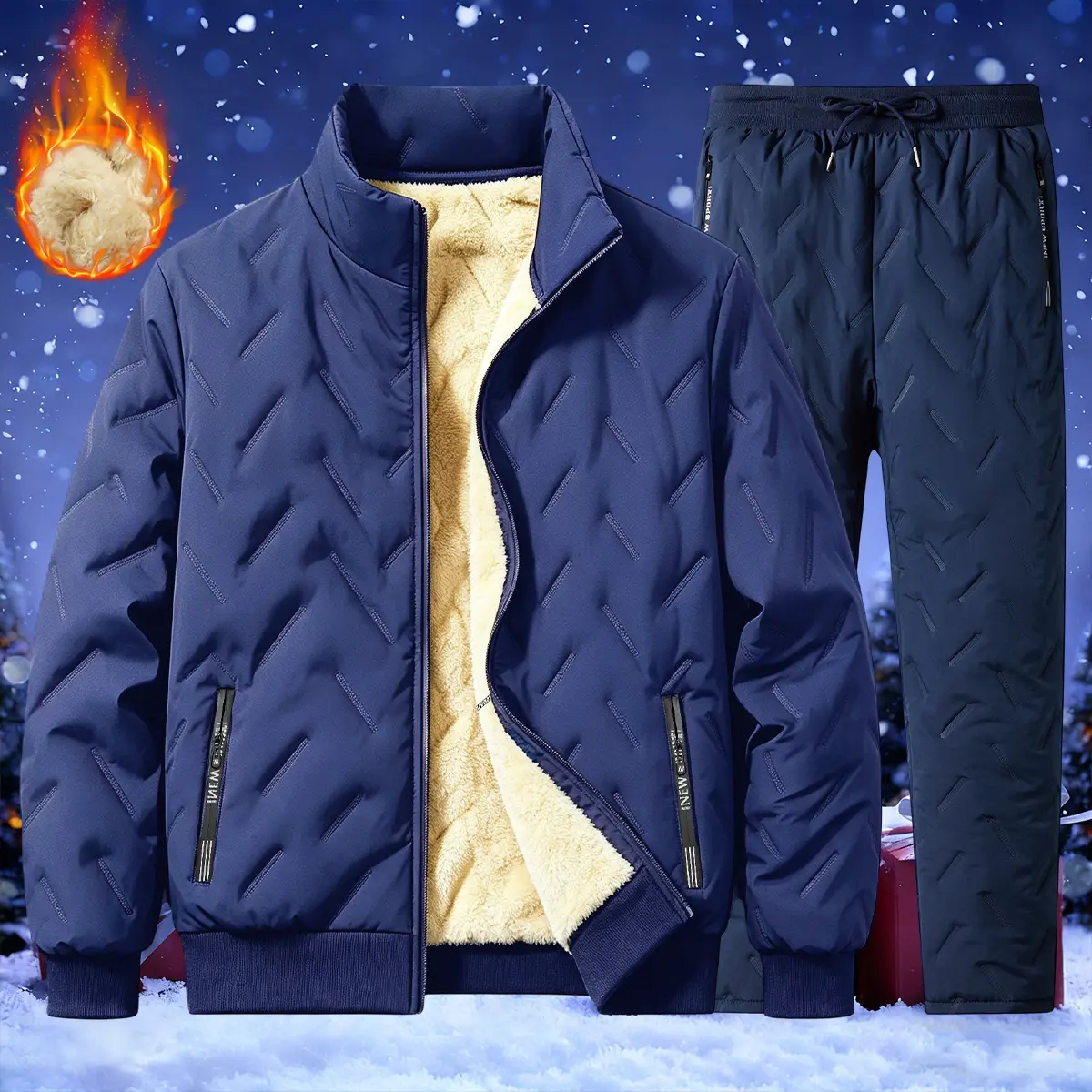 Family winter set — regular-fit long pants, zip fleece jacket, elastic waistband, solid color, suitable for home and outdoor use, slim fit, travel essential, camping essential