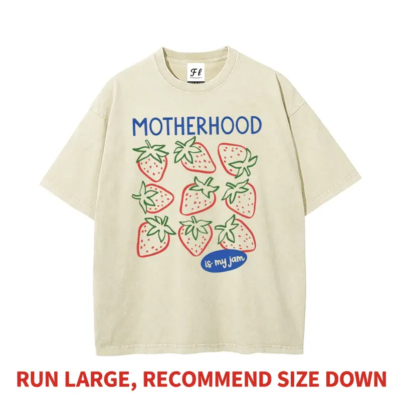 Women's Crew Neck Short-Sleeve Boxy Oversized DTG Printed Streetwear Top - Modest "Motherhood Is My Jam" Strawberry Pun Mom Graphic, Heavyweight Vintage Washed, Basic Athletic Casual Top with Balanced Look, Sohochic (Round Neck Alternative)