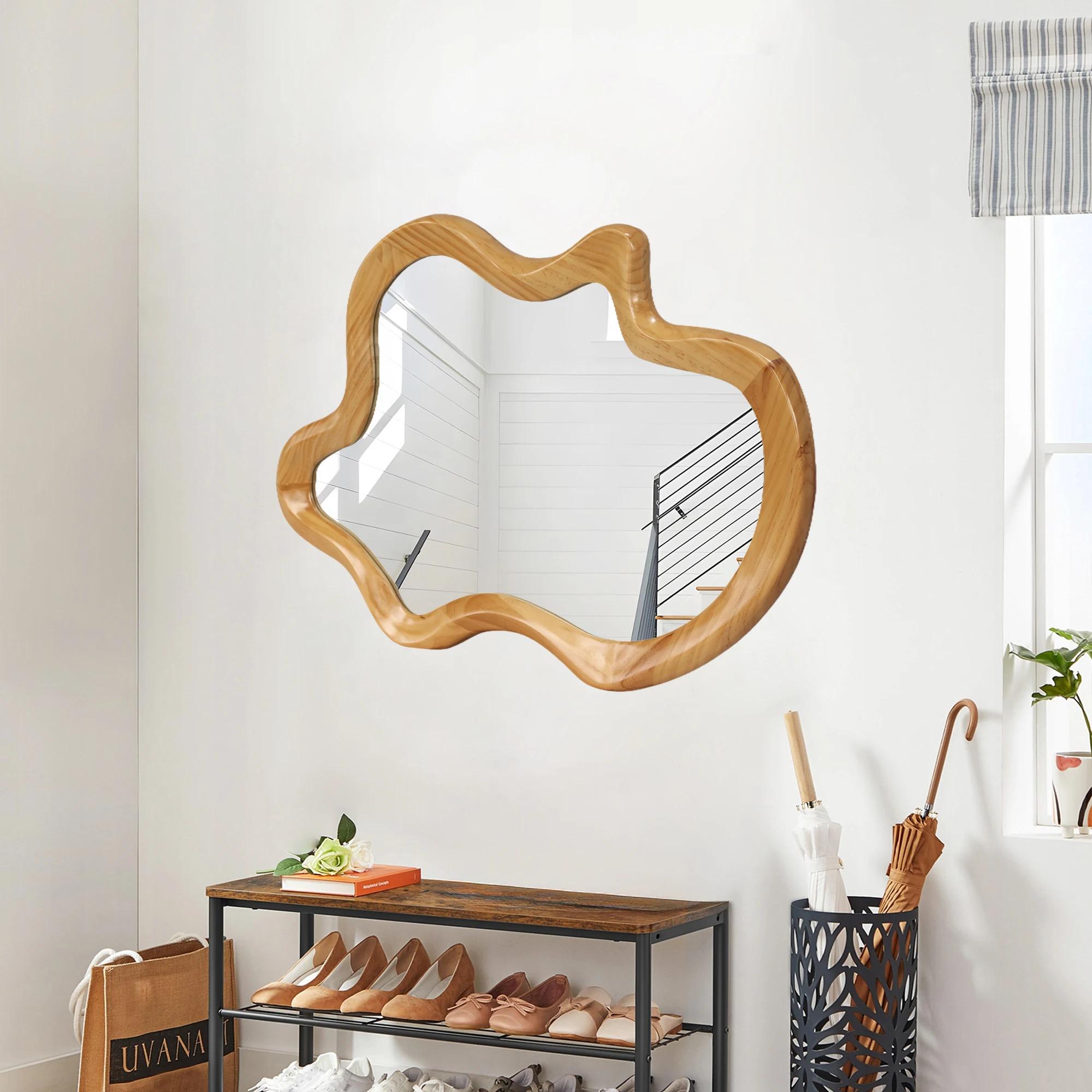 33.46"x22.24" Irregular Wall Mirror with Natural Wood Frame |   Asymmetrical Accent Mirror for Home Decor