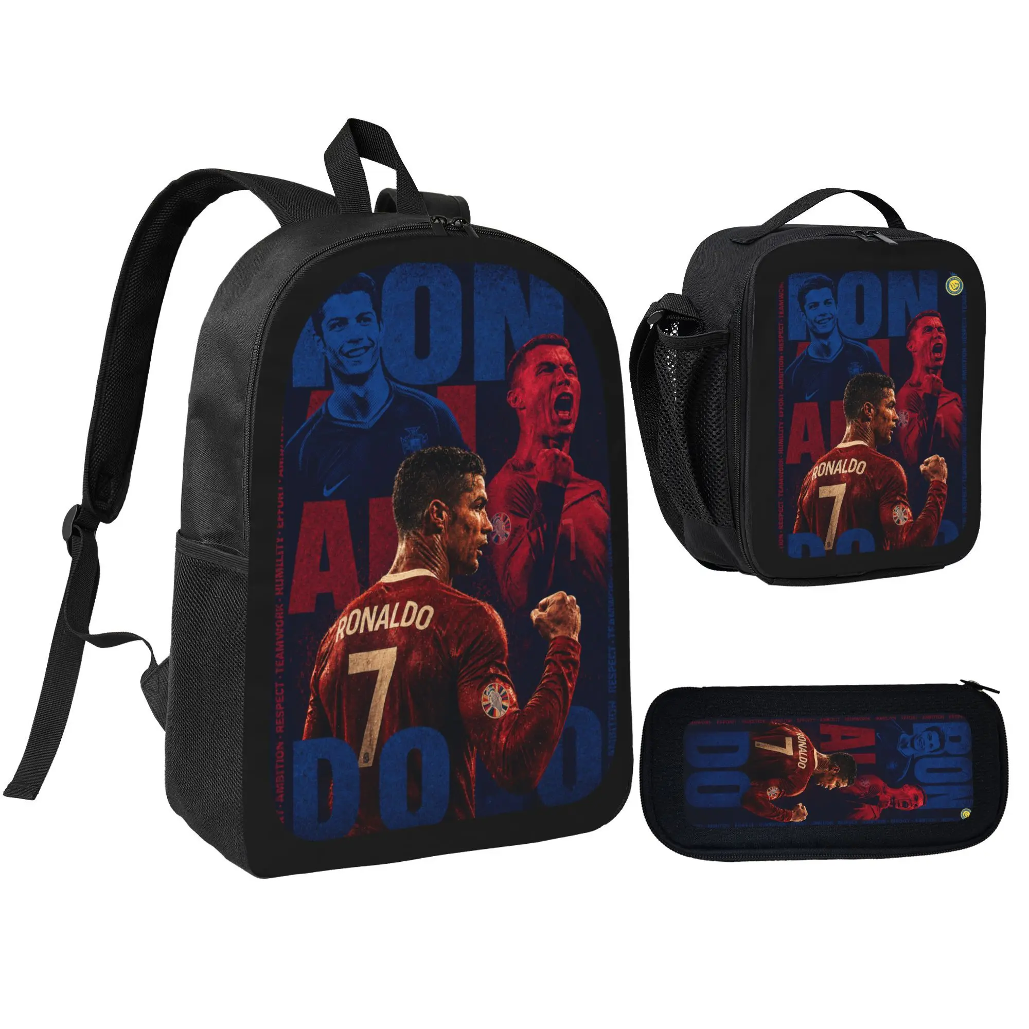 600D Oxford Sports Star Style Backpack Set 3 In 1, Red Blue Retro Football Athlete Print School Backpack + Insulated Lunch Bag + Pencil Case, Soccer Fan School Supplies For Boys