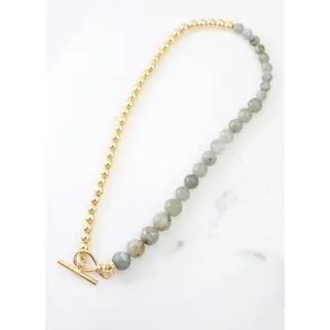 Ethan Semi Precious Stone and Bead Necklace GRAY Gold-Toned Chain 16 Inches Length for Everyday Wear & Special Occasions