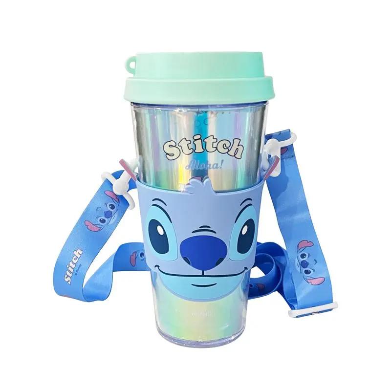 Disney Stitch 420ml Lightweight Reusable Plastic Water Bottle - Portable, Washable, with Handle, Shoulder Strap, Silicone Lid - Cute Convenient Kitchenware Drinkware for Travel, Home