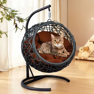 Cute Cat Swing Bed with Stand & Cushion Indoor Outdoor, Cozy Hanging Cat Hammock with Rattan Wicker Appearance, Egg Chair for Kitten, Small Dog, Small Animals