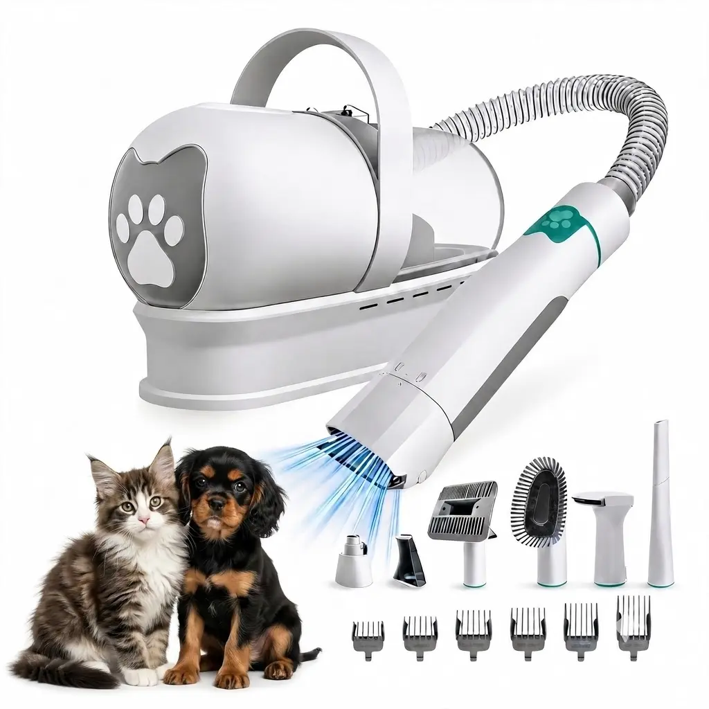 Pet Shedding Vacuum Kit, 7-in-1 Dog Hair Clipper & Grooming Brush Set with Paw Trimmer, Nail Grinder & 6 Guard Combs