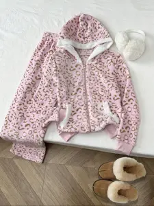 Women's Fall Winter Casual Leopard Print Hooded Sweatshirt and Wide Leg Pants Set, Soft Warm Fleece Lined, Loose Fit, Two Piece