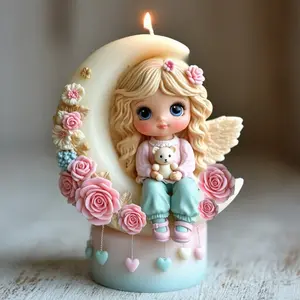 Moonlight Angel Theme Half-Moon Candle Silicone Mold, Angel Hugging Bear Rose Heart Relief Soap Making Mould, DIY Craft Tool, Silicone Heart Shaped