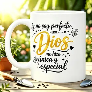 Mug, Spanish Christian Inspirational Quote Coffee Cup, Butterfly And Heart Enamel Mug, Minimalist White Golden And Black Art Print, Ideal for Hot/Cold Drinks