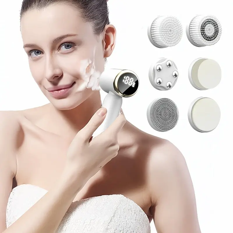 6-In-1 Facial Cleansing Set, Rotating Exfoliating Massage Brush, Skincare Tool for Cleaning, Dead Skin Removal, Gift for Girlfriend, Valentine's Day, Face Care Instrument, Face Exfoliator Scrubber, Face Massagers