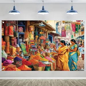 1pc 2D Flat Vibrant Indian Bazaar Tapestry Colorful Spices & Fabrics Scene Polyester Wall Hanging for Living Room Bedroom Office Classroom Ideal for Weddings Birthdays Parties Photo Shoot Decor in White