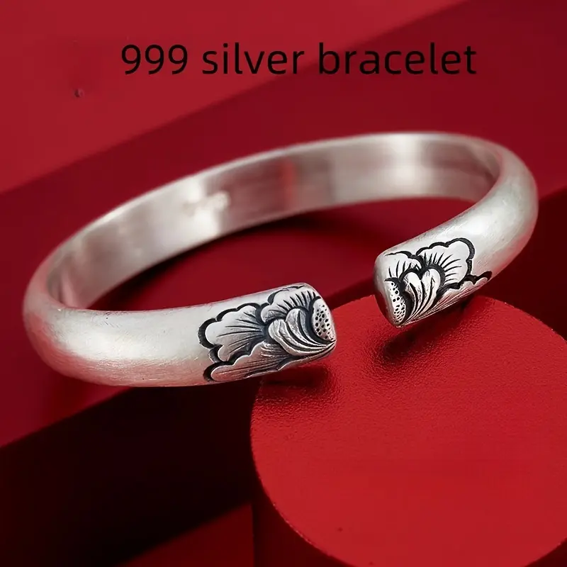 Women's 999 Sterling Silver Cuff Bracelet - Elegant Vintage Design with Zircon Accent, 45g Unplated Female Adults' Fashion Jewelry, Party Wear Anniversary Birthday Accessory