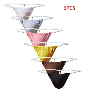 Men's Ice Silk T-Back Thongs G String Low Rise Bikini Briefs Underwear 6Pcs Assorted Colors White Blue Pink Yellow Brown Black Breathable Comfortable