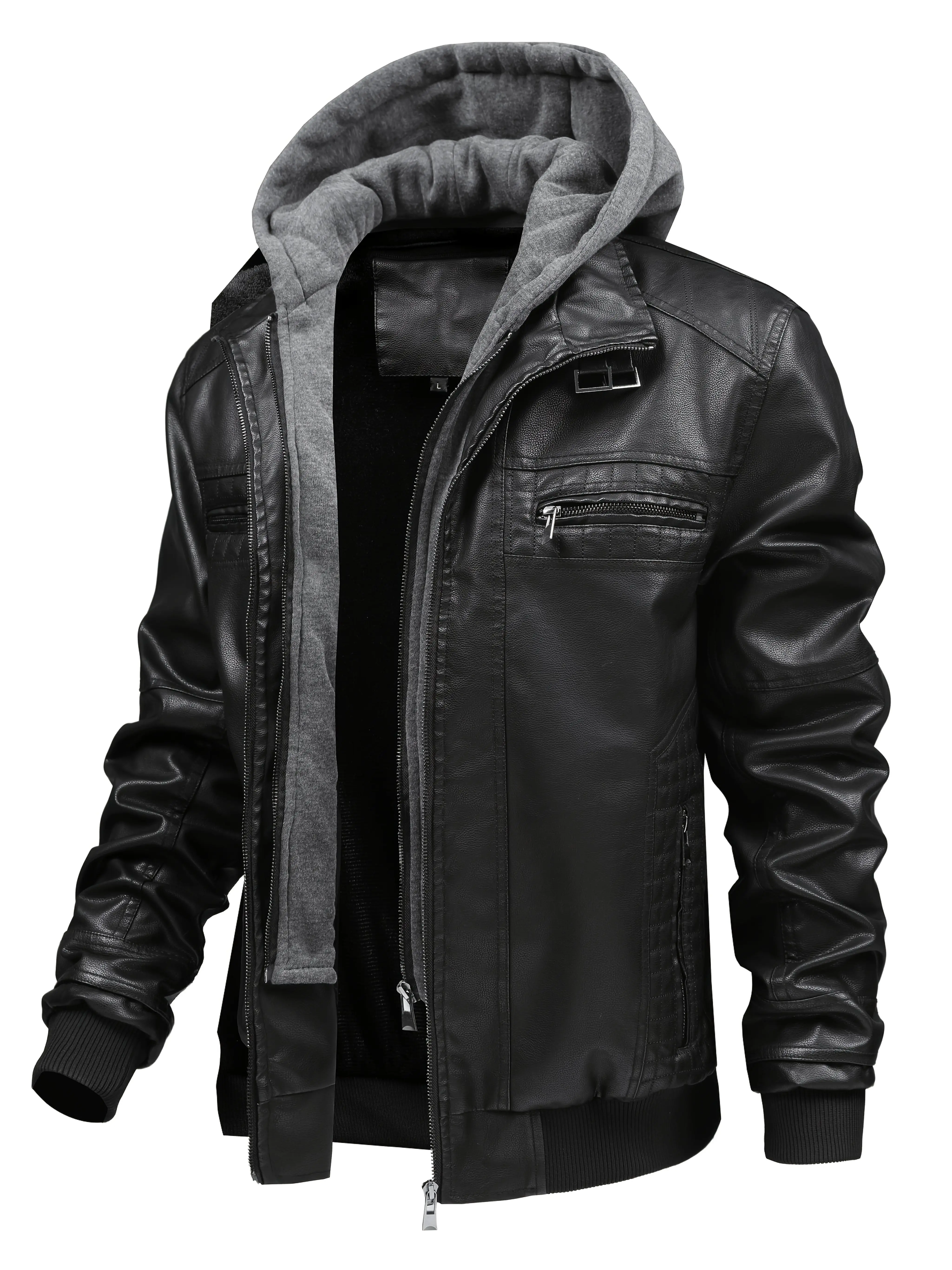 Men’s vintage motorcycle jacket – full zip front closure, non-stretch faux leather feel suitable for all seasons, zippered closure, ideal for casual wear, formal occasions, and riding – classic biker jacket with detachable hood and polyester lining, men’s