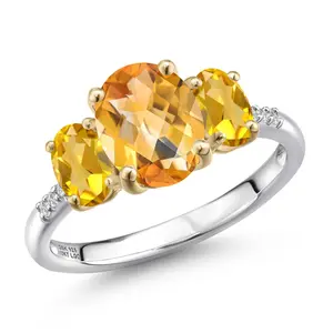 Gem Stone King 925 Silver and 10K Yellow Gold Yellow Citrine and Lab Grown Diamond Engagement Ring For Women | 2.61 Cttw | Oval Checkerboard 9X7MM | November Birthstone