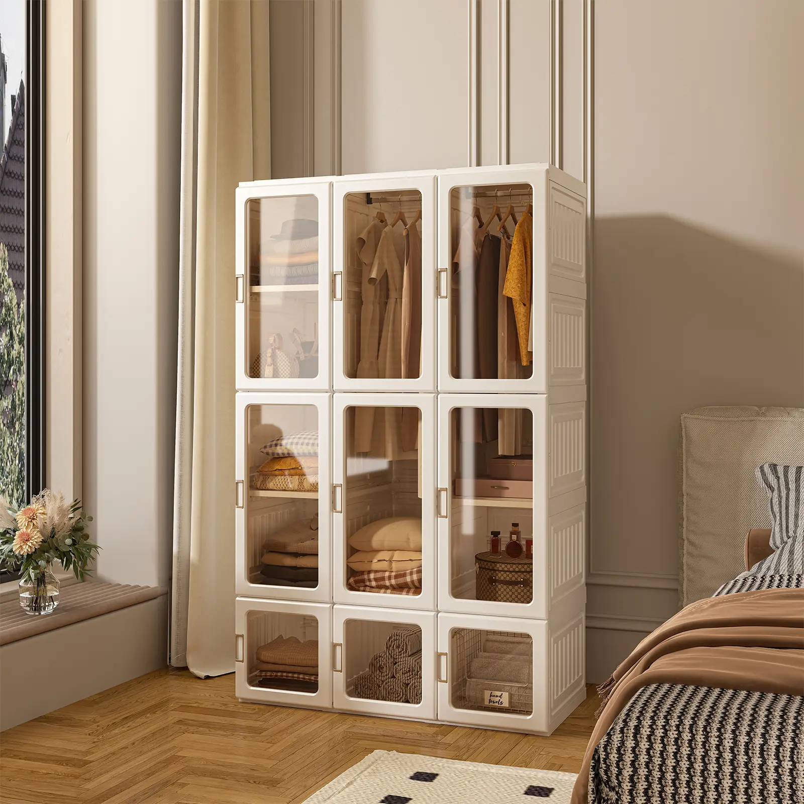 ANTBOX Portable Transparent Wardrobe Closet Storage Organizer for Clothes, Foldable Plastic Wardrobe Cabinet with Magnetic Doors, 2 Hanging Rods, Easy Assembly Space Saving Closet Organizer for Bedroom, Apartment, Dorm Room & Home Clothes Storage