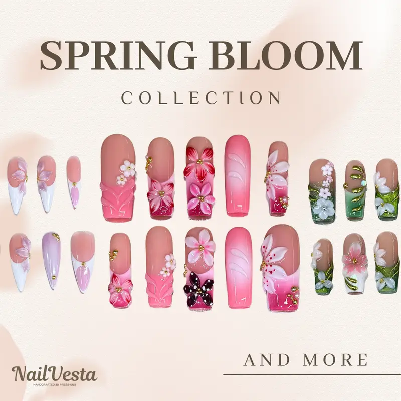 NailVesta SPRING BLOOM COLLECTION – 100% Handcrafted 3D Press-On Nails | Reusable, Long-Lasting, Salon-Quality