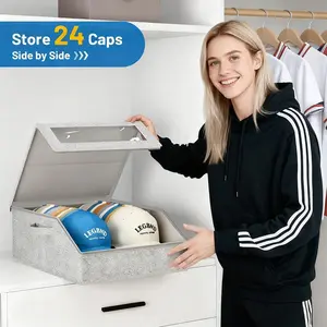 Grey Sturdy Cardboard Hat Storage Box - Clear Wide Home Organizer for Closet, Bedroom, Holds up to 24 Baseball Caps