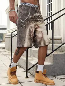 Grunge Aesthetic Distressed Denim Shorts, Casual Streetwear Shorts with Iconic Portrait Print, Silver Star Chain & Vintage Washed Finish - Ultimate Streetwear Flex