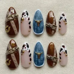 Western Press On Nails, Cowboy Nails, Cow Print Nails, Denim Nails, Bull Head Nails, Rodeo Nails, Country Style Handmade Nail Set