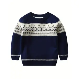 Boys' Pattern Knit Sweater - Soft Grey Casual Pullover with Round Neck & Long Sleeves, All-Season Comfort, Hand Washable, Comfortable Childrenswear, Durable Youngsters's Wear