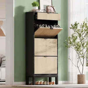 Modern 3-Door Flip-Drawer Shoe Cabinet  Holds 16-24 Pairs with Adjustable Shelves Space-Saving Wooden Storage Organizer for Entryway, Hallway & Closet Metal Decor