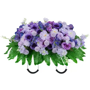 Cemetery Flower Saddles for Headstones: Purple Flowers Artificial Outdoors Grave Decorations Spring Easter Memorial Day - Fake Rose Camellia Tombstone Flowers Saddle for Cemetery Gravestone