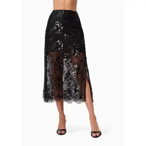 Aylin Sequin Lace Midi Skirt Black